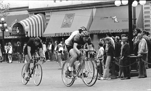 1973: Riders race by the original location of John Fluevog's shoe store in Gastown, then known as Fox Fluevog.