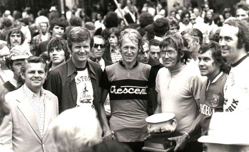 Presenting the 1974 Gastown Grand Prix Trophy to winner Max Grace are (left to right) race sponsor Don Docksteader, Vancouver Mayor Art Phillips and race founder Roger Sumner, who finished third in the race.