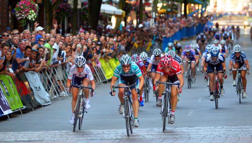 Gina Grain (Webcor Builders) outsprints Kelly Benjamin (Cheerwine Pro Cycling) and Ruth Corset (Jazz Apple Cycling Team) to win a record-tying third Gastown title.