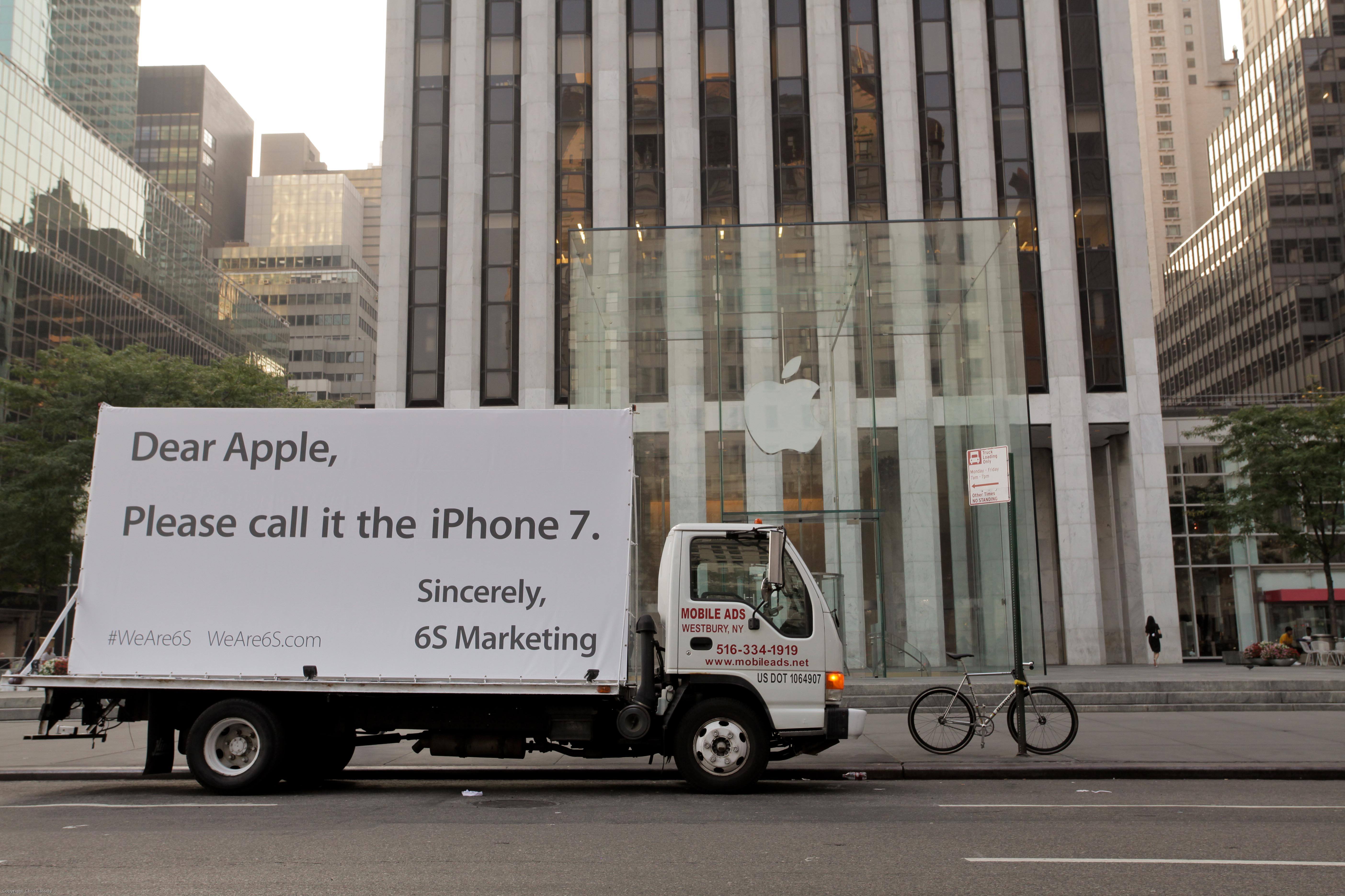 As part of its #WeAre6S campaign, 6S Marketing parked trucks outside the Apple store demanding a name change to the iPhone (6S Marketing)