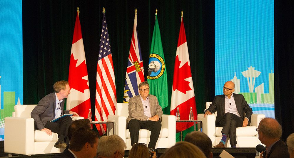 Bill Gates and Satya Nadella at the Cascadia Conference in Vancouver (Jenni Sheppard/DailyHive)