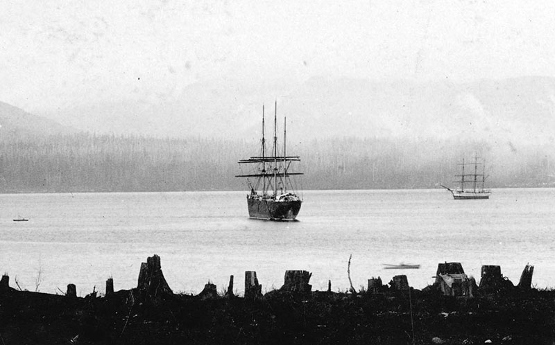 Many people escaped the fire by boarding the Robert Kerr, a ship moored in Burrard Inlet. Here it is at the foot of Richards Street in 1886. Photo by JA Brock, City of Vancouver Archives #Wat P48