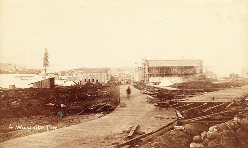 Cordova and Water Streets, four weeks after the fire, Photo by JA Brock, City of Vancouver Archives #Str P129