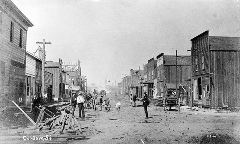 Cordova Street looking west from Carrall, five weeks after the fire. City of Vancouver Archives #Str P7.1