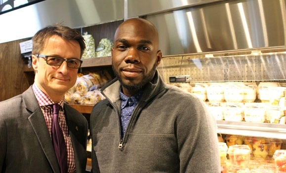 Dean of Management Sylvain Charlebois (left) and Master's of Electronic Commerce student Jay Harris — two of the nine authors and advisors of Canada's Food Price Report. (Ryan McNutt)