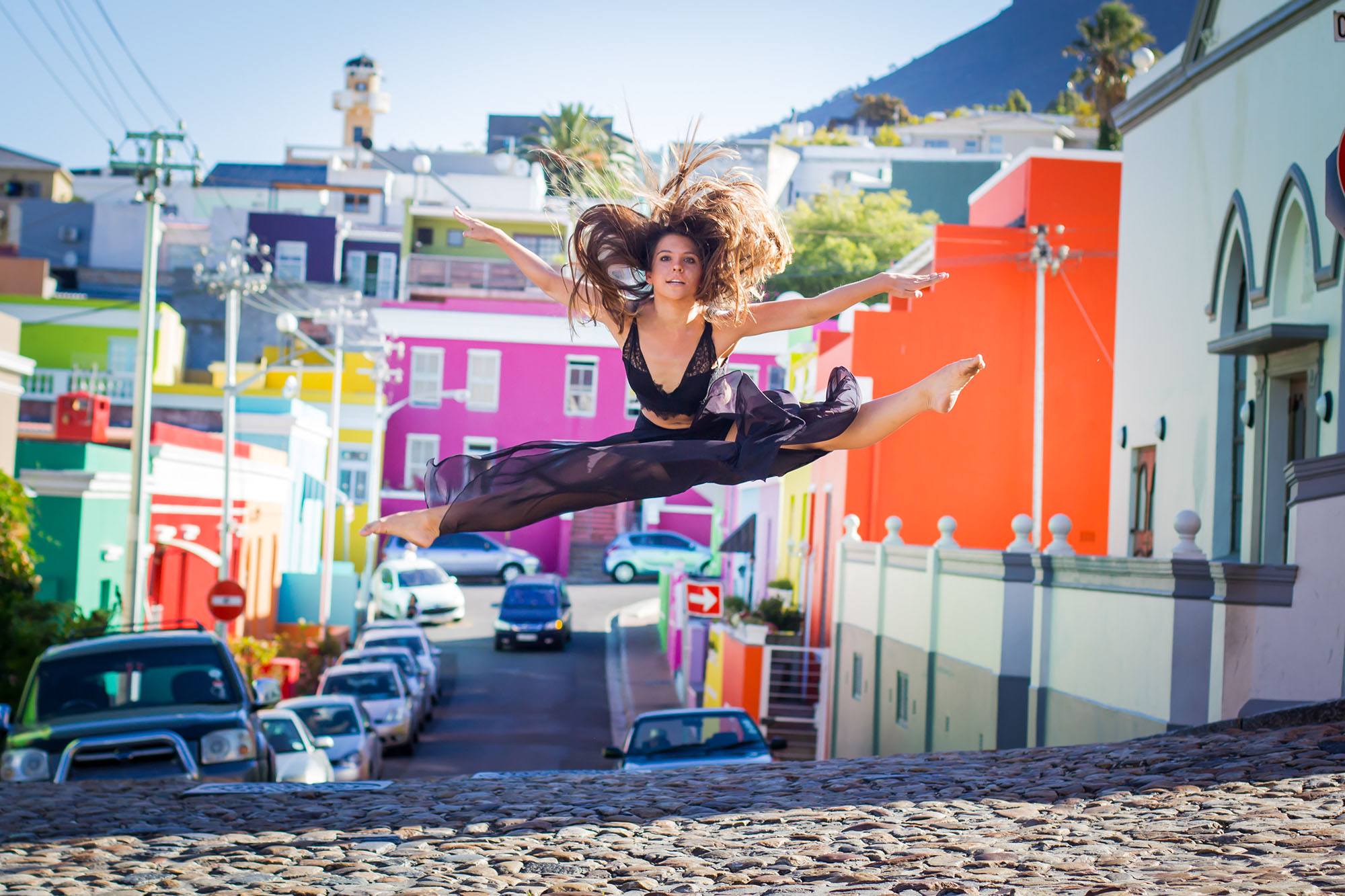 Palmira launches off a hill of cobblestones into a backdrop of colour provided by the Bo Kaap suburb. (Amanda Webb)