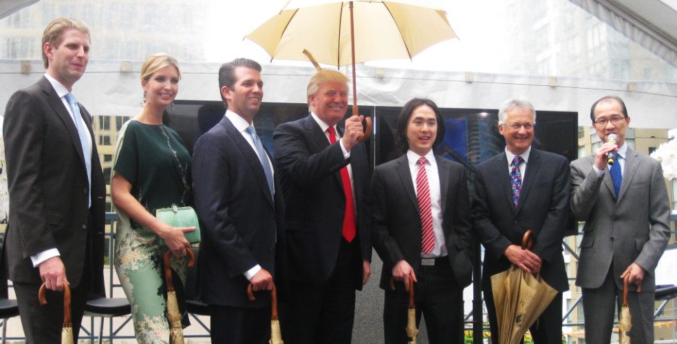 Eric Trump, Ivanka Trump, Donald Trump Jr. and now US President Donald Trump announcing the new Trump Tower Vancouver with Holborn Group CEO Joo Kim Tiah, Vancouver Coun. Geoff Meggs, and Magnum Projects’ George Wong in 2013 (Kenneth Chan/Daily Hive)