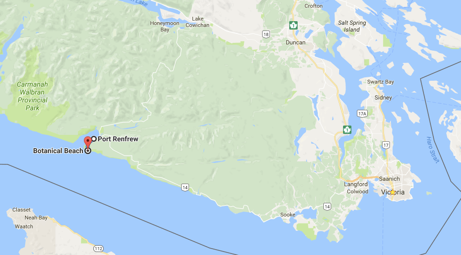 Port Renfrew is two hours away from Victoria, two hours away from Nanaimo, and two and a half hours away from Swartz Bay Ferry Terminal (Screenshot/Google Maps)