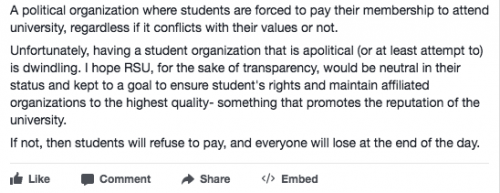 RSU received backlash after 11 demands were posted on its Facebook page (RSU/Facebook)