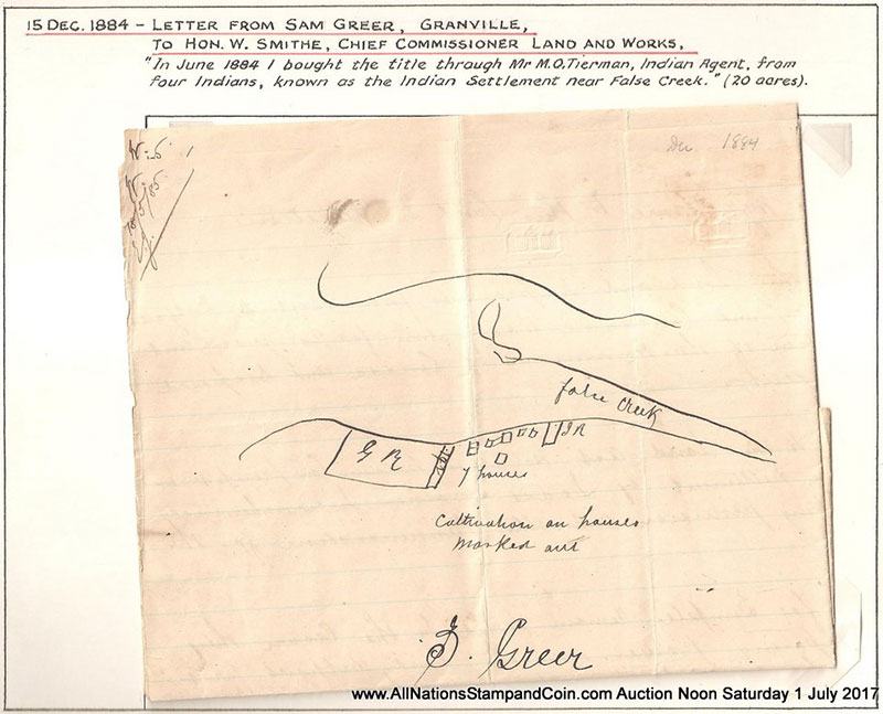 Map drawn by Sam Greer of his land claim on what’s now Kits Beach. This map recently sold for $33,000 at auction. AllNationsStampandCoin.com.