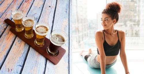 Craft beers and woman doing yoga (MaxyM/Dean Drobot/Shutterstock)
