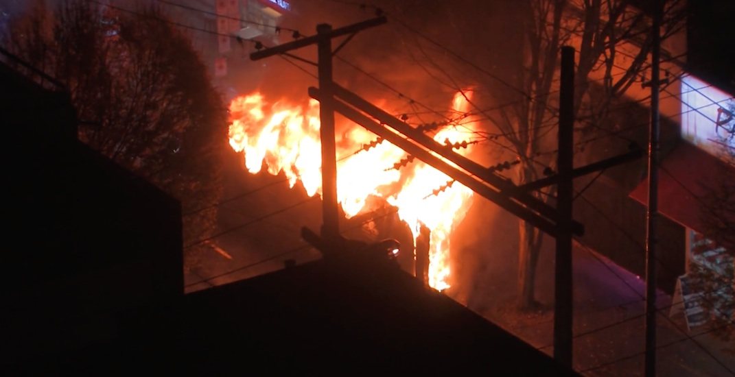 Party bus bursts into flames on Granville Street in downtown Vancouver (VIDEOS)