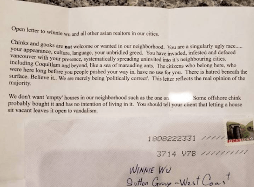 Metro Vancouver Realtor shares racist letter she received in the mail ...