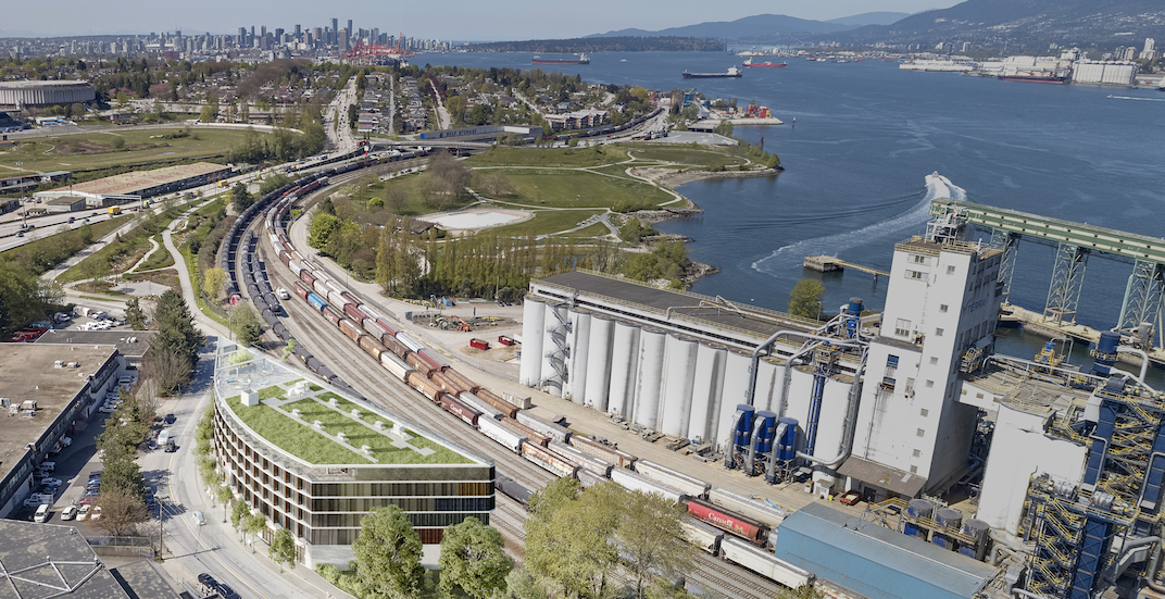 Commercial-industrial building with green roof being built in East Vancouver