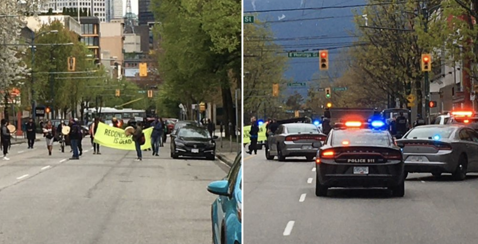 Protesters block traffic at Main and Hastings in Vancouver