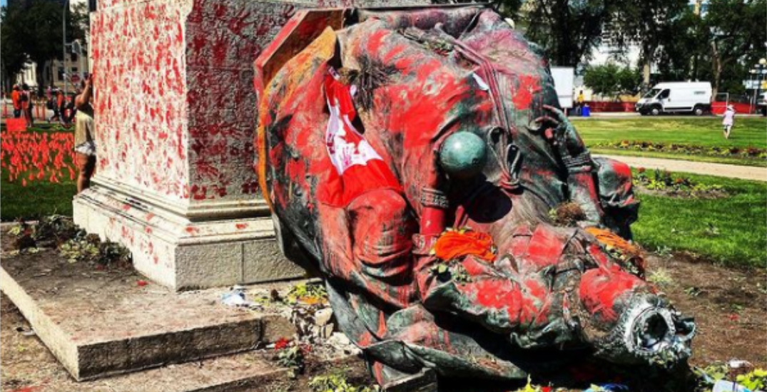 Statue of Queen Victoria toppled by protesters at Manitoba Legislature