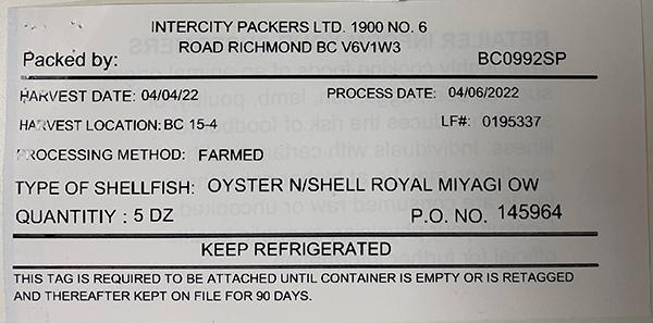 intercity oyster recall