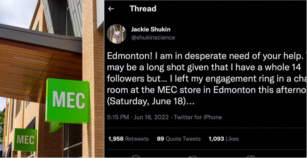 A woman lost her engagement ring at an Edmonton MEC store and Twitter users are trying to help