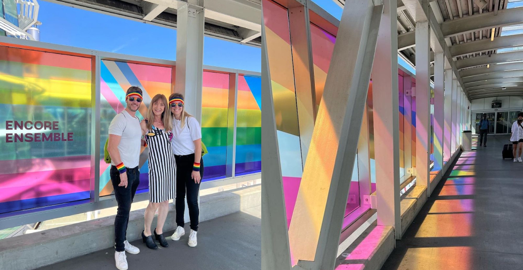 YVR Airport Station's pedestrian overpass now a "rainbow bridge" for Vancouver Pride