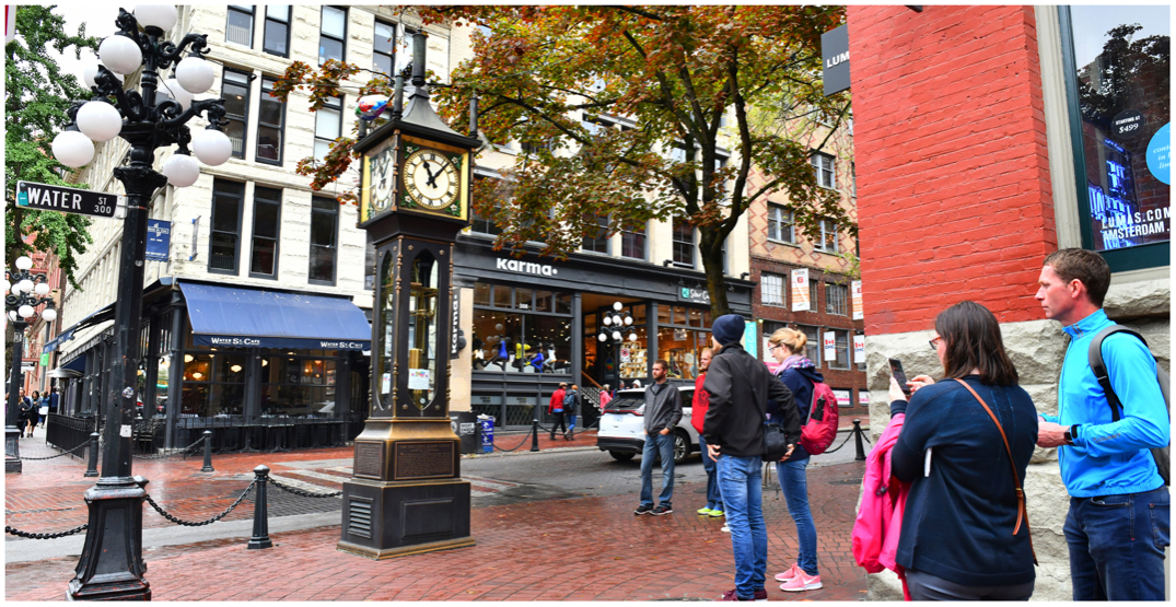 Vancouver's Gastown Steam Clock and tourists waiting for the clock to sound. 