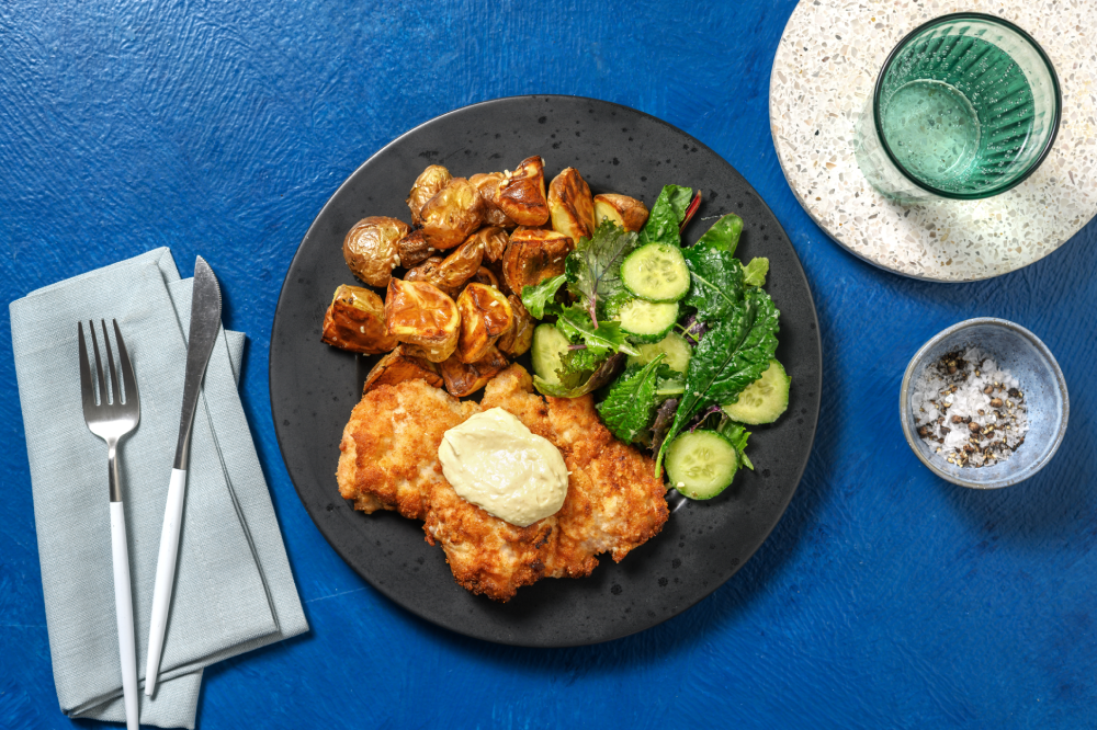 HelloFresh Chicken Schnitzel with Garlic Potatoes and Spring Salad, easy meals to make