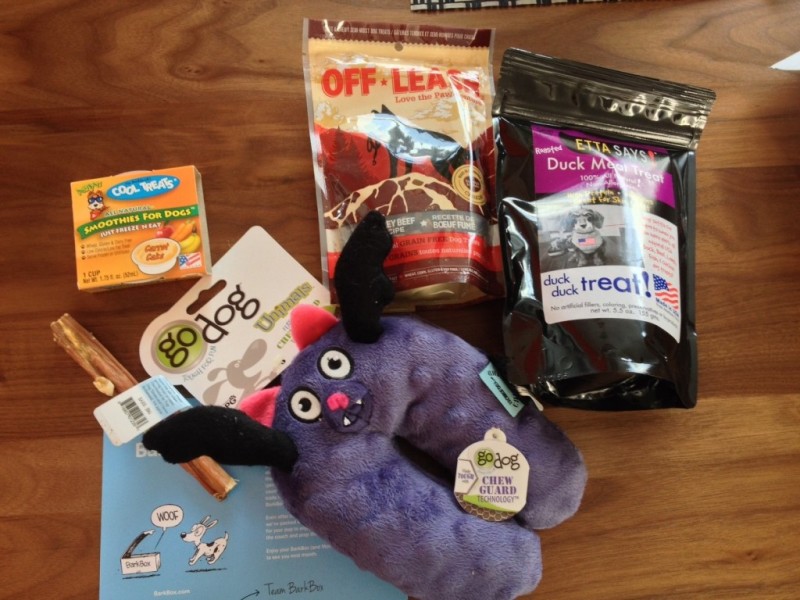 The loot inside my first BarkBox delivery.