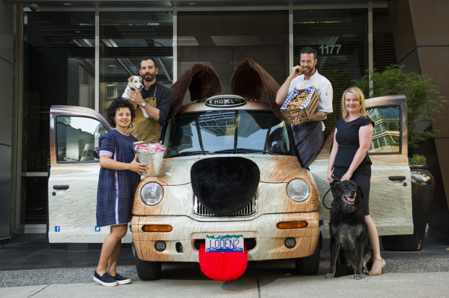 From left to right: Matt Martin, Homer St. Cafe & Bar (holding Lucie), Lilliana L. De Cotiis, Loden Hotel, Chef Marc-Andre Choquette, Melanie Parent, BCSPCA (with Burger)