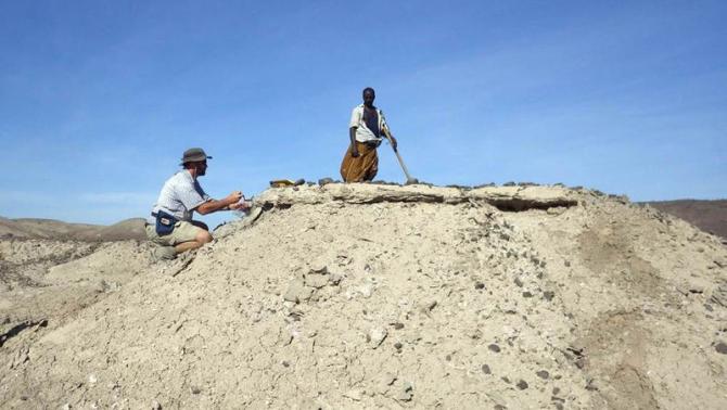 Dr. Chris Campisano (ASU) samples a tuff in the Ledi-Geraru project area