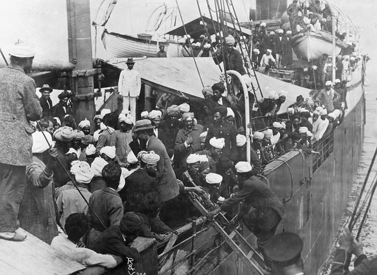 Sikh immigrants on board the Komagata Maru in English Bay in 1914. (Library and Archives Canada / PA-034014)