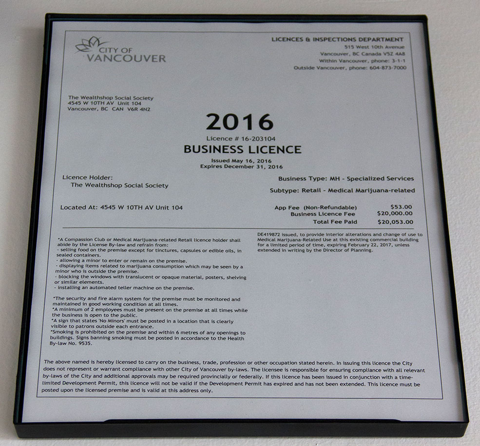 The business licence that started it all, proudly displayed at the Wealth Shop (Jenni Sheppard)